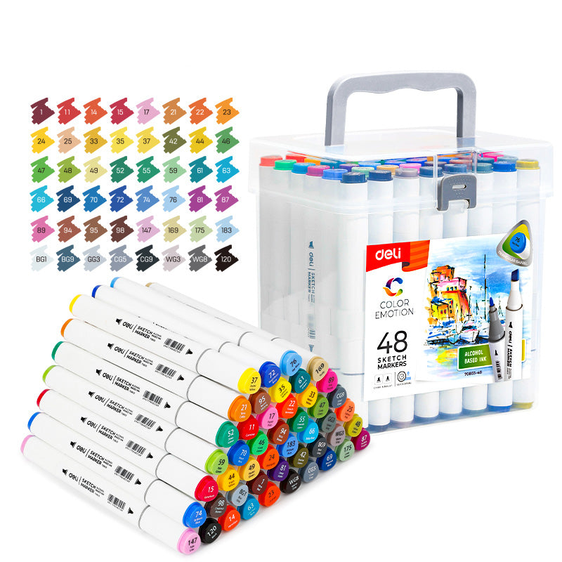 SET 48 MARKERE SKETCHING VARF DUBLU ROTUND 1MM/TESIT 7MM CUT PLASTIC COLOR EMOTION DELI SET 48 MARKERE SKETCHING VARF DUBLU ROTUND 1MM/TESIT 7MM CUT PLASTIC COLOR EMOTION DELI